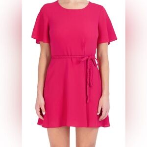 Pink dress with braided belt -Petite